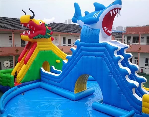 Parco acquatico gonfiabile da 14*18m con soffiatore da 1200w e 1-20 persone di capacità Dragon Shark Slide e grande piscina